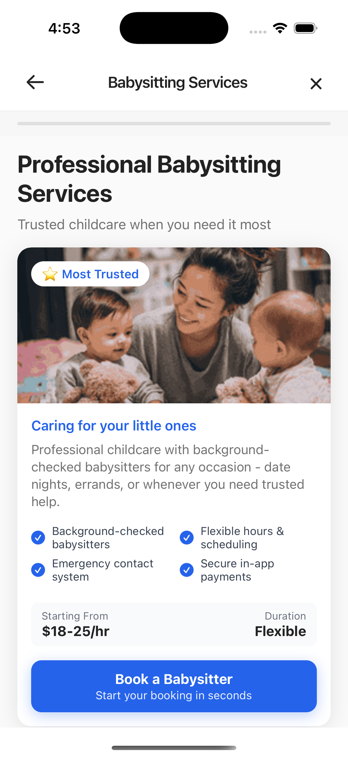 Babysitting service booking page